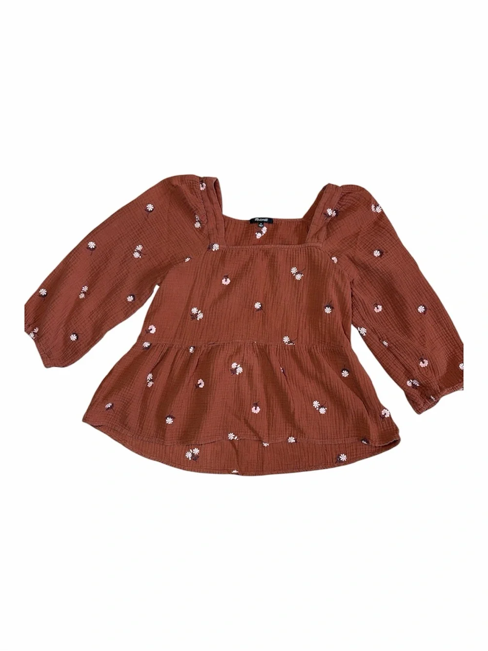 Madewell Embroidered Gauze Peplum Blouse Medium Brown Floral Square Neck - Picture 2 of 8